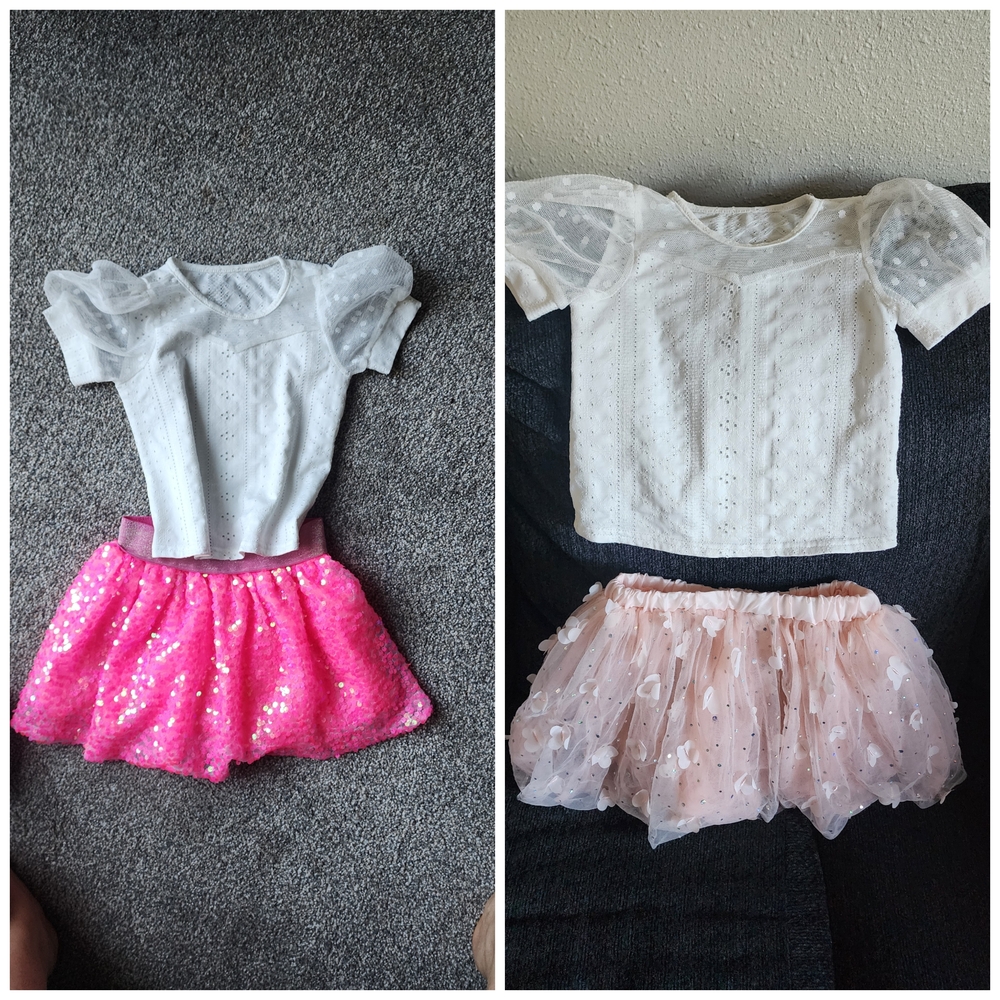 White Lace Top and Pink Sequin Skirt Set "Girls Size (5)